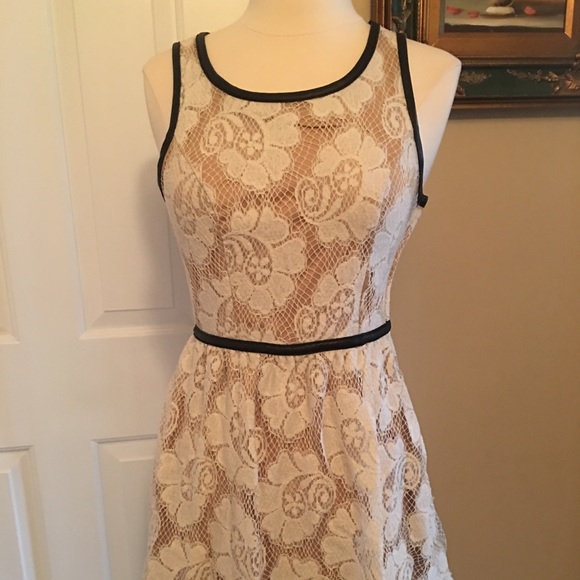mini chica Dresses & Skirts - Juniors Ivory Lace & Faux black Leather Trim Dress